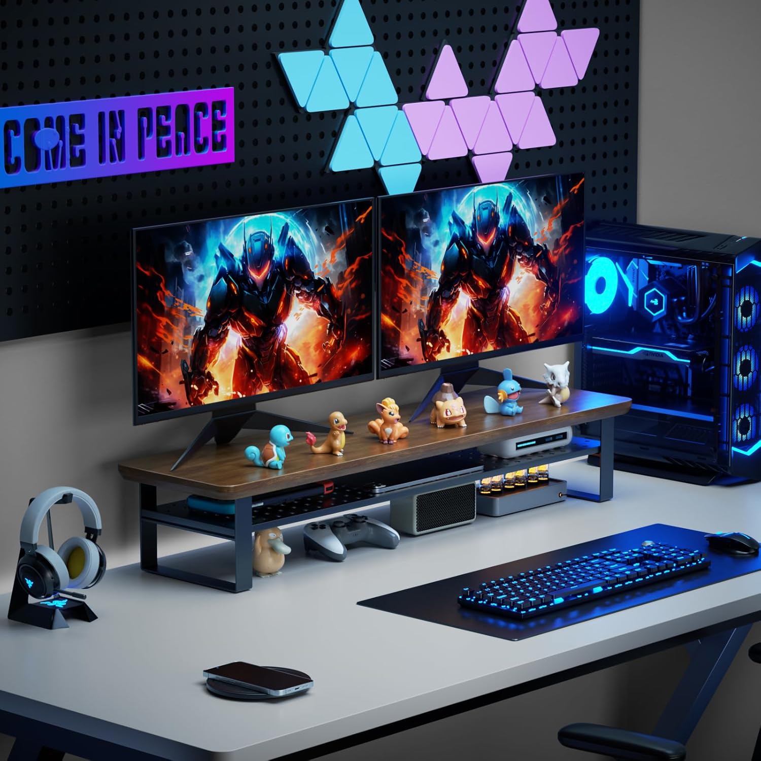 Dual Monitor Stand, 35.4 Inch Monitor Stand Riser for 2 Monitors, 2 Tiers Wood Desk Shelf with Storage, Desktop Organizer Stand for Computer, Laptop, Printer, TV