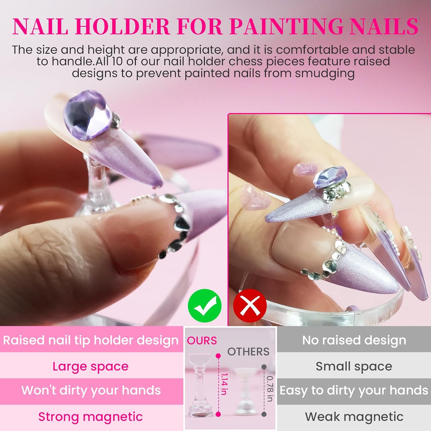 Nail Stand For Press Ons Tall Extra-High Nail Tip Holder For Painting Art Supplies Magnetic Wood Display With 1 Heart Fake Nail Stands, 200Pcs Double Sided Tape, Decorating Art Accessories Kit