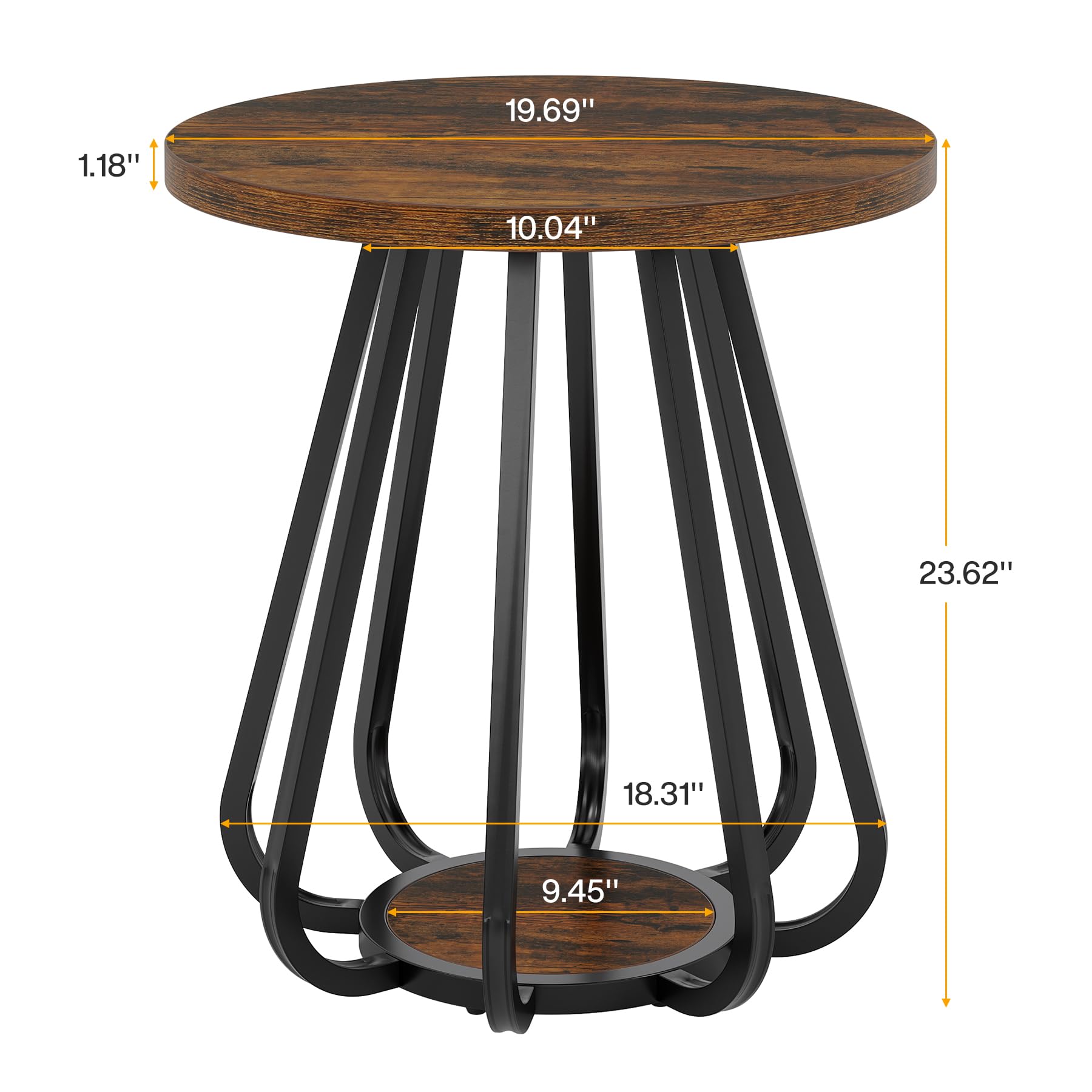 Tribesigns Round End Table with Storage, 2-Tier Side Table with Metal Frame and Lower Shelf, Small Accent Table Nightstand for Living Room, Bedroom, Small Spaces, Vintage Brown & Black