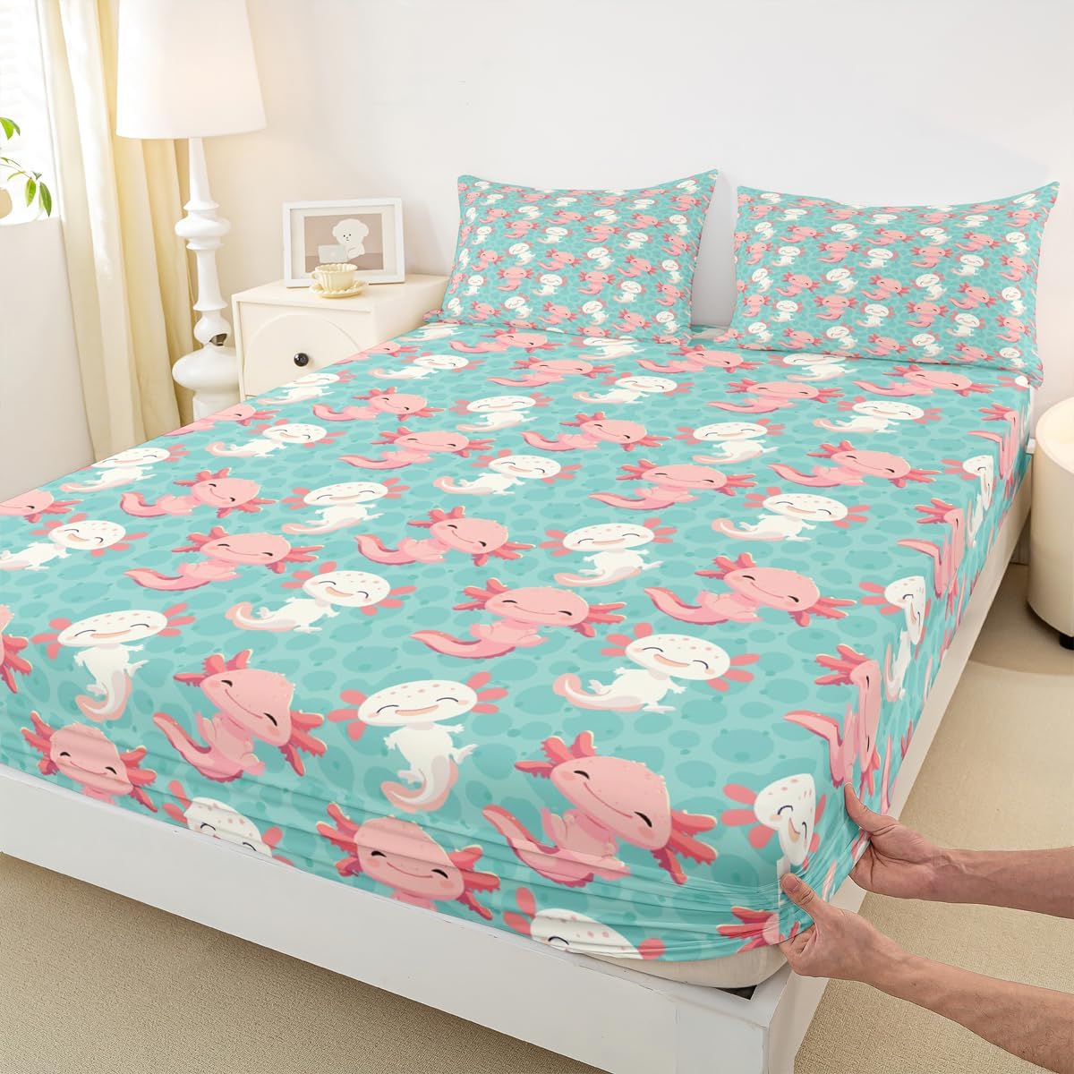 Erosebridal Cute Axolotl Fitted Sheet Full Size Cartoon Axolotl Bed Sheet Kawaii Animal Bedding Sets for Kids Boys Girls Teens Wildlife Pet Animal Fitted Bed Sheets Bedroom Decor, Green