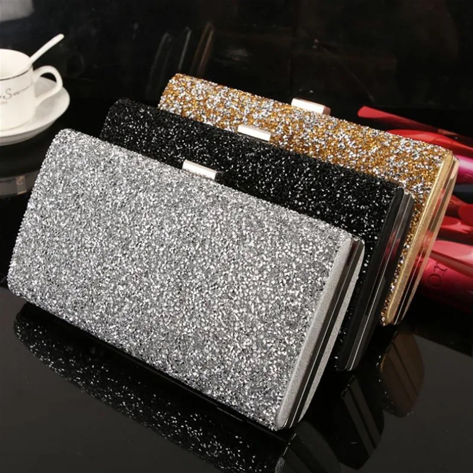 pochette donna Borsa da sera donna con pochette e paillettes a forma di diamante, borsa sposa a mano for feste banchetti, a tracolla due catene