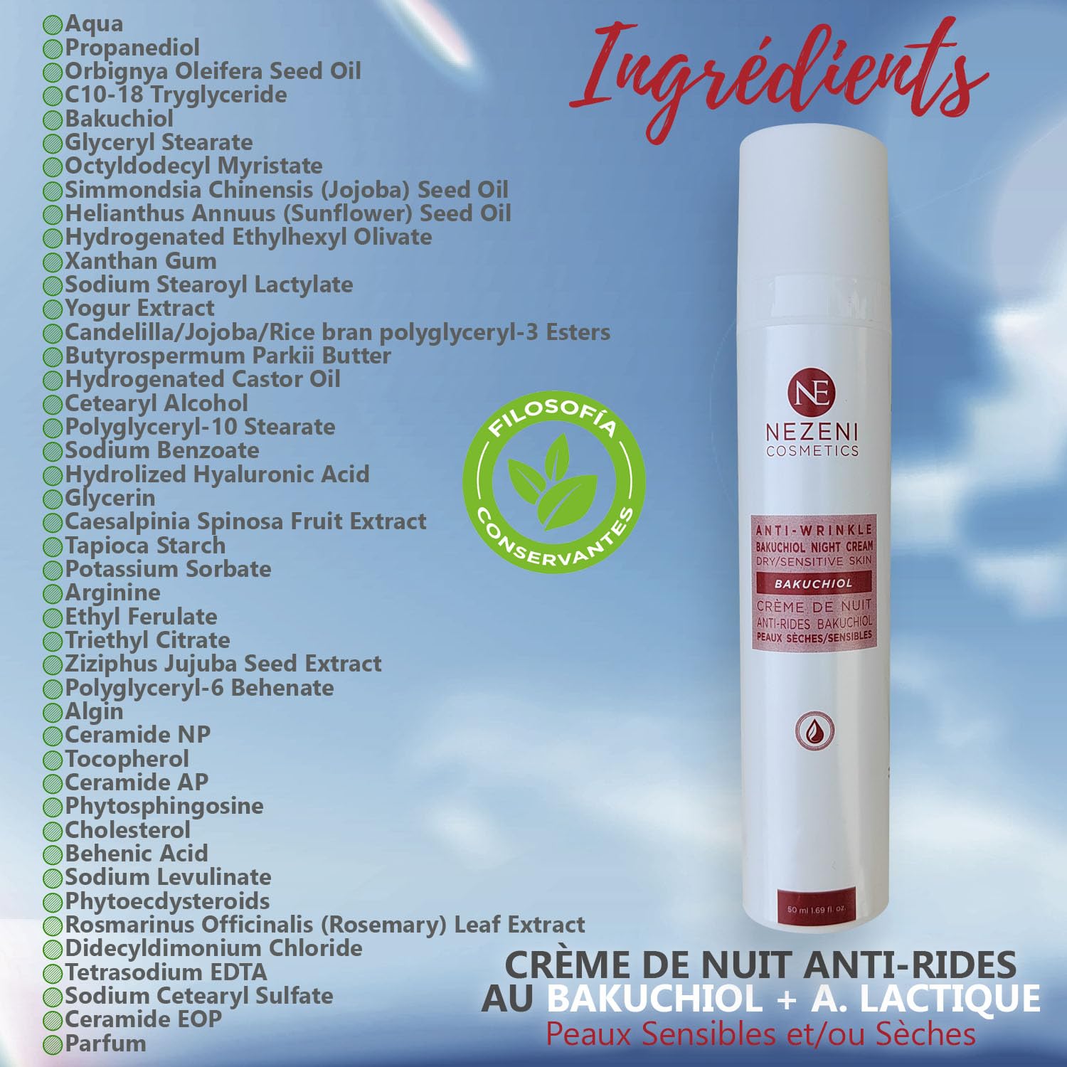 Nezeni Crema Noche BAKUCHIOL 3% Antiarrugas Mujer/Hombre 26 Activos | Rellenador Arrugas Profundas | Crema Antiarrugas Noche Reafirmante Cara, Cuello y Escote | Piel Seca y/o Sensible