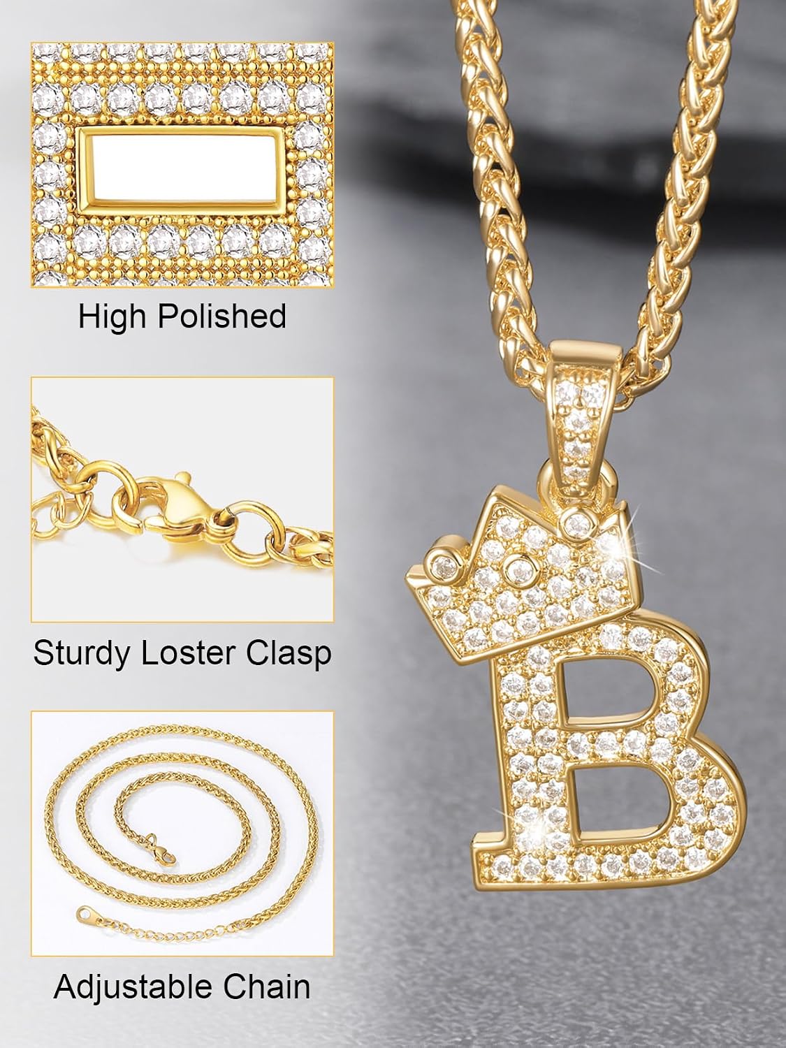 U7 Crown Initial Number Necklace for Men Women A-Z Letter Pendant Chain image 4