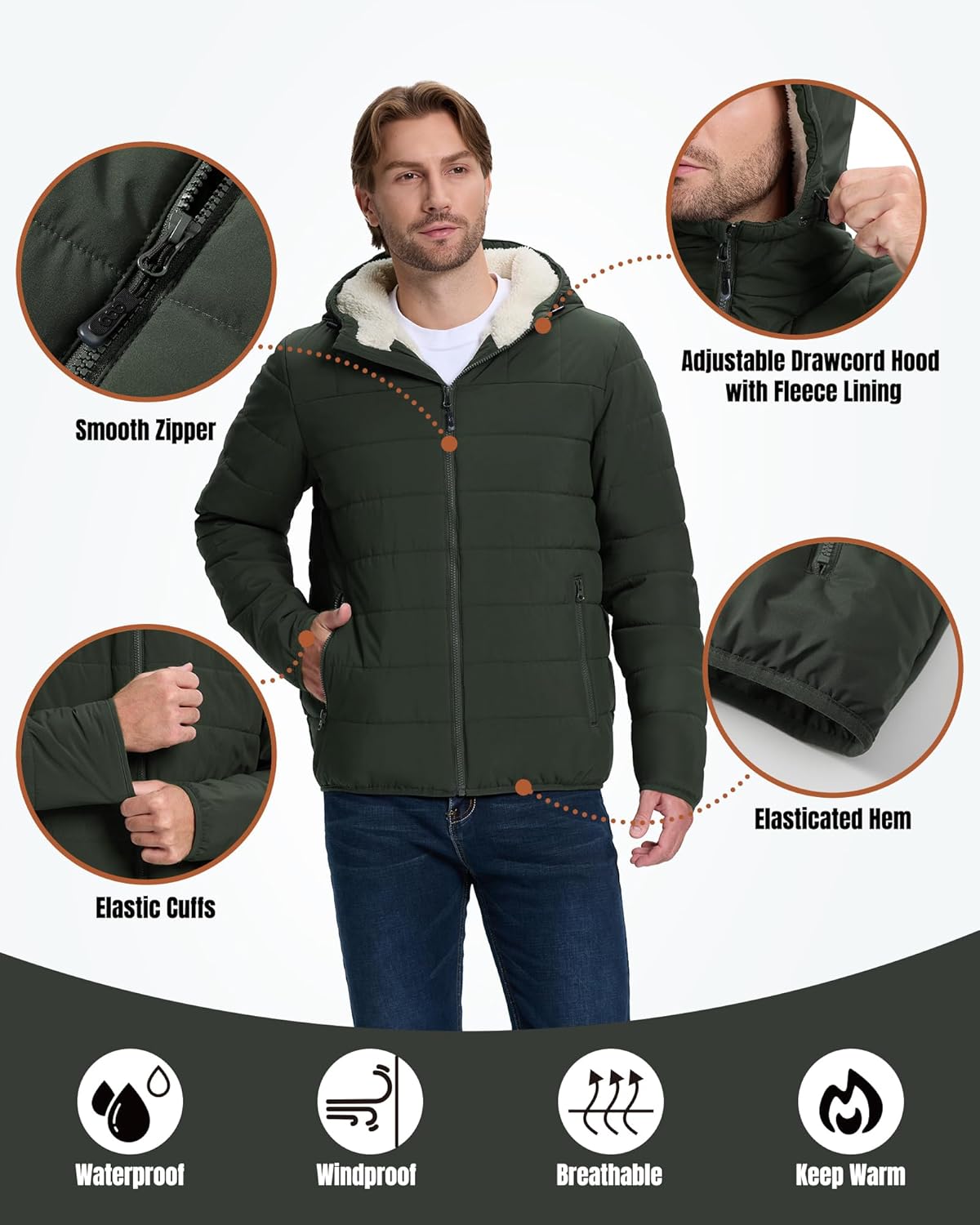 33,000ft Men's Hooded Winter Puffer Jacket Sherpa Fleece Lined Lightweight Warm Quilted Insulated Puffy Coat - Image 3