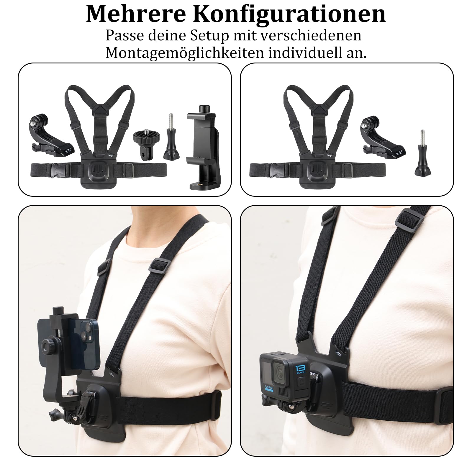 HSU Handy-Brusthalterung Brustgurt Handyhalterung, mit Schnellverschluss J-Hook Clip für Action Kamera und um Smartphone Handyhalterung, Zubehörset für POV/VLOG Videoaufnahmen