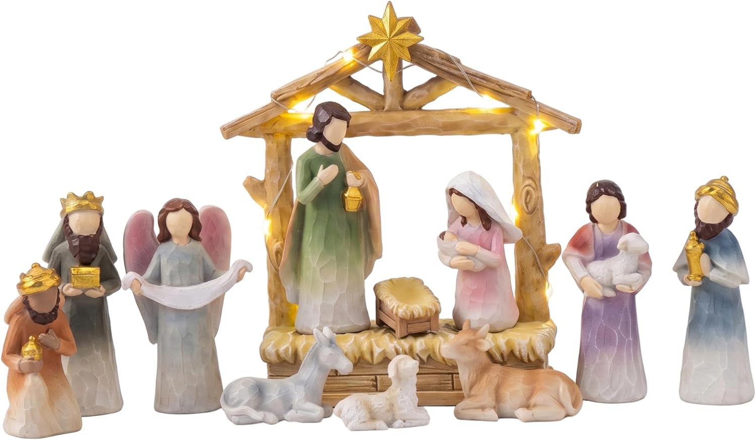 Nativity Scene, 12-Piece Wood-Style Christmas Decor, White