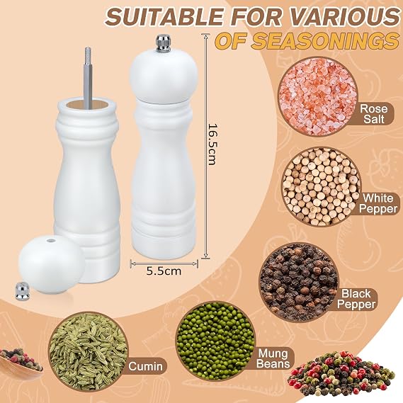 Pepper Mill & Salt Grinder Set with Adjustable Coarseness Ceramic, White | Refillable Salt and Pepper Grinder 6.5 inch, Wooden Spice Grinding Shaker for Peppercorns Sea Salt, Chilli