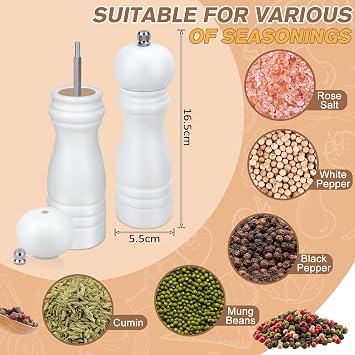 Pepper Mill & Salt Grinder Set with Adjustable Coarseness Ceramic, White | Refillable Salt and Pepper Grinder 6.5 inch, Wooden Spice Grinding Shaker for Peppercorns Sea Salt, Chilli