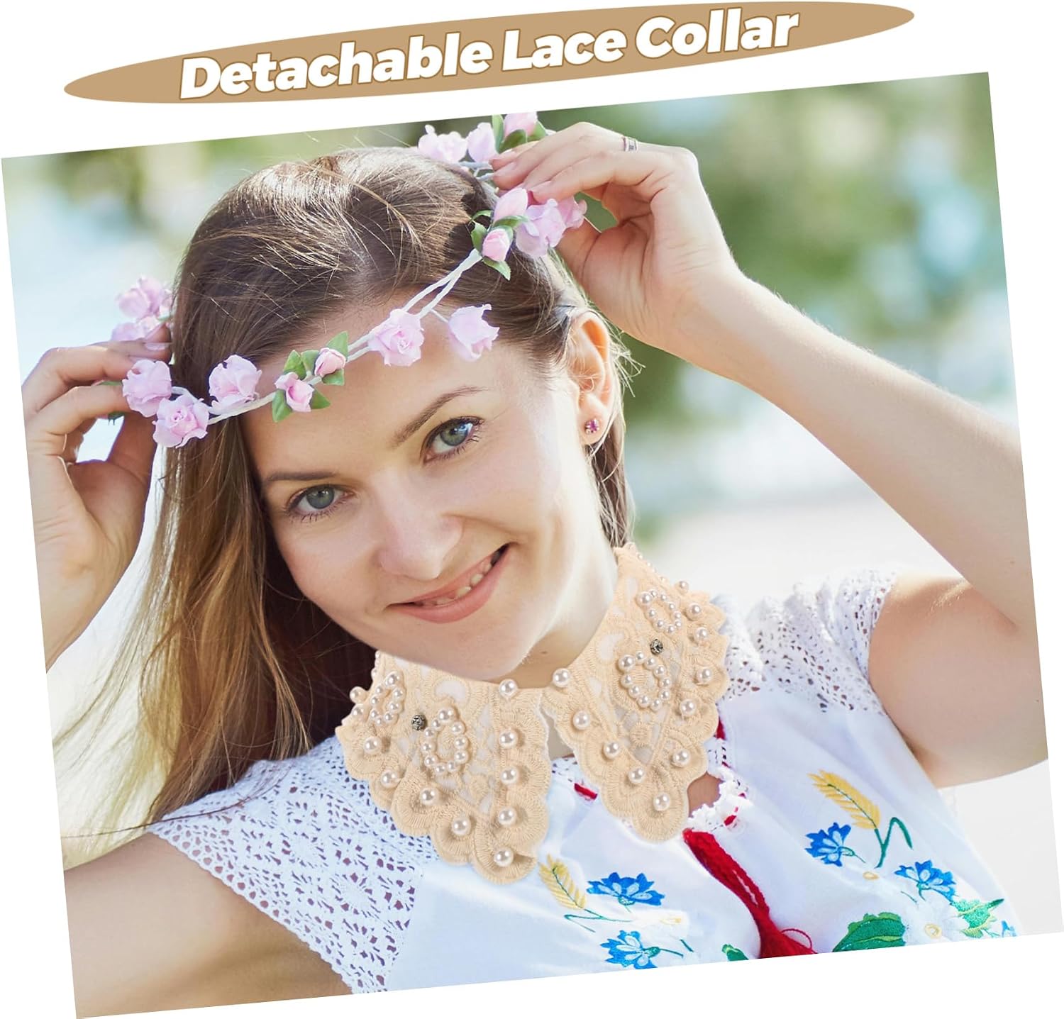 Women Faux Pearl Shirt Collar Detachable Lace Ruffle Insert