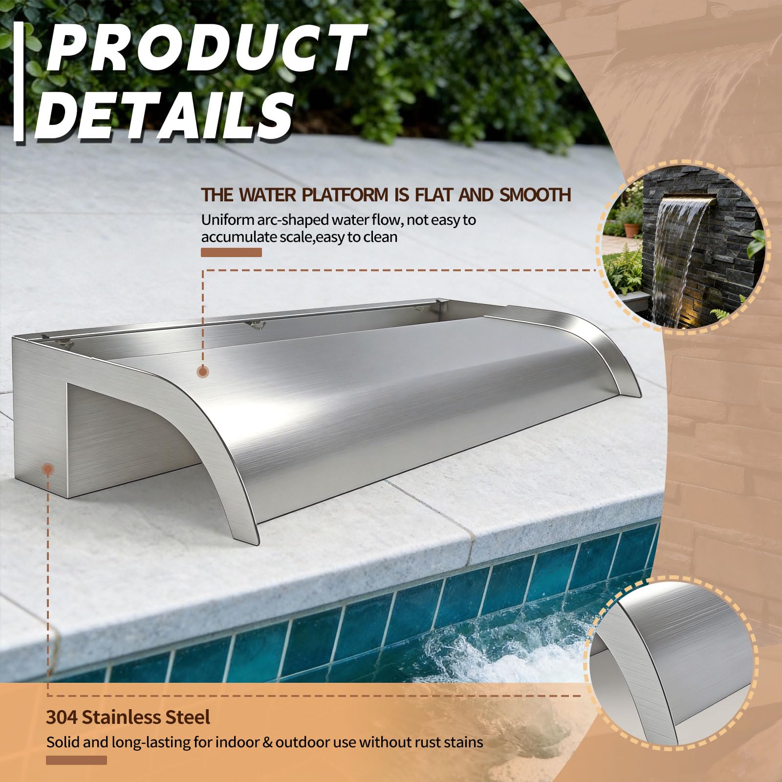 Cascada de acero inoxidable sin placa de cubierta, adecuada para piscinas y estanques, con un ancho de 90 cm, ideal para piscinas, estanques y jardines