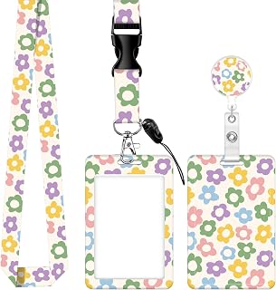 ID Badge Holder with Retractable Badge Reel Clip and Lanyard, Cute Card Name Tag Lanyard Vertical ID Protector Bage Clips for Nurse Doctor Teacher Student (Colorful Groovy Flower)
