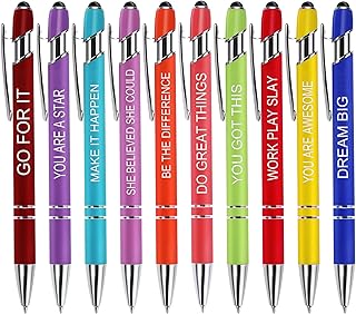 Cobee Inspirational Ballpoint Pens, 10 Pieces Retractable Ballpoint Pen with Stylus Tip 1.0 mm Black Ink Soft Touch Motivational Quote Pens with Coated Metal Motivational for School Office Gift