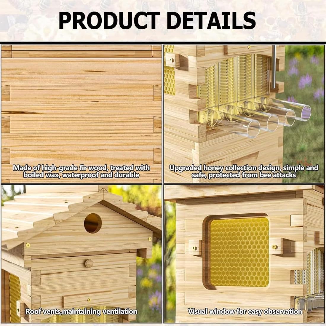 Complete Beekeeping Supplies,Self Flowing Honey Beehive with Observation Window and Honey Spout, Complete Wooden Beekeeping Box with Frames and Honeycomb Trays