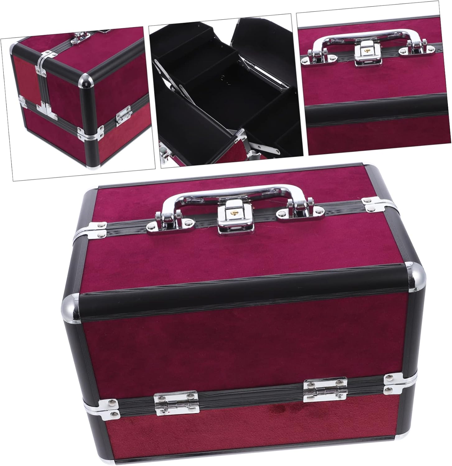 1pc Multi Purpose Makeup Case Lightweight Aluminum Cosmetic Storage Box for Travel Organizer for Makeup Tools for Business Trips Events Burgundy with Black Trim