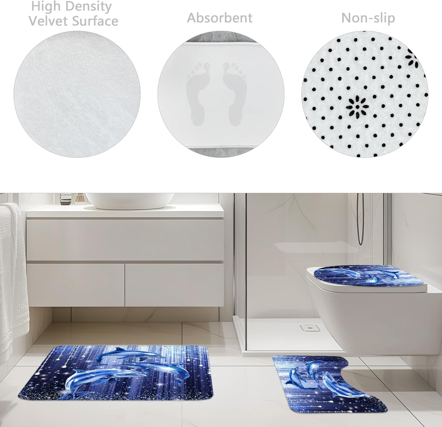 Riyidecor Diamond Dolphin Blue Silver 4Pcs Bathroom Shower Curtain Sets Ocean Sparkle Bathroom Decor Set with Rugs and Accessories Sea Animals Toilet Lid Rug, Contour and Bath Mat with 12 Hooks