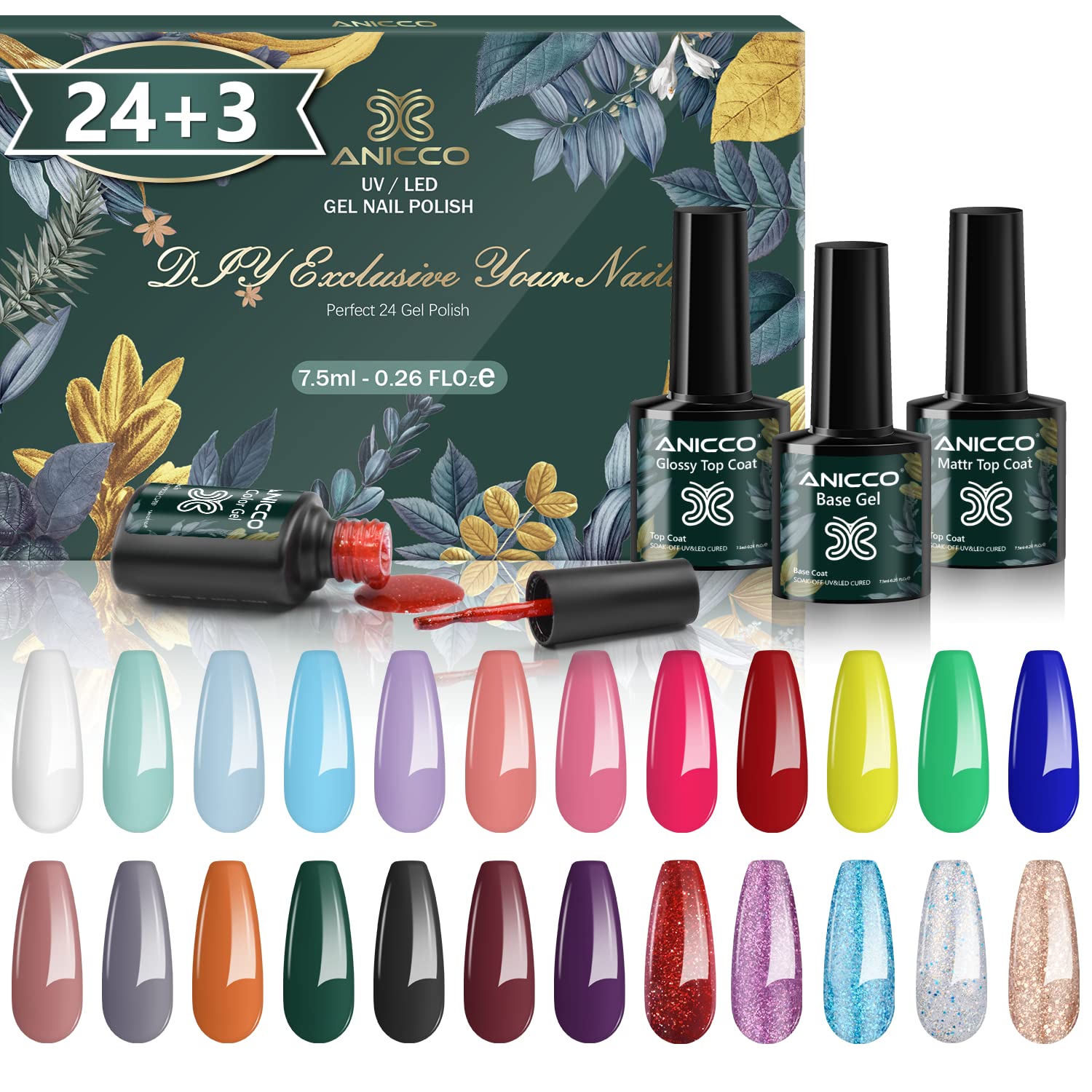 27pcs Kit de Esmaltes de Uñas Gel UV LED, FINGEROOM Pintauñas Semipermanente 24 Colores Purpurina Arcoíris Colección con Base, Capa Superior Brillante y Mate