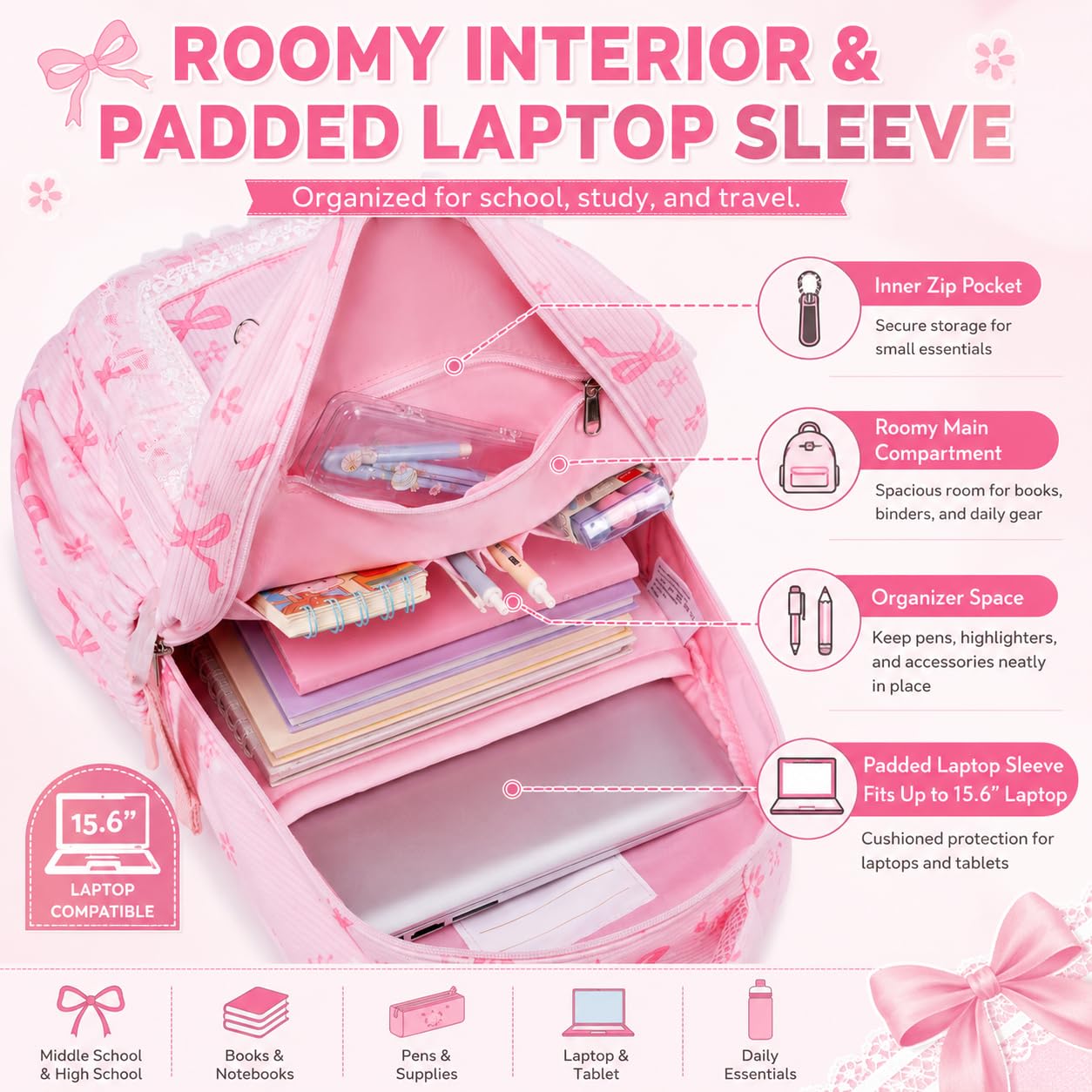 LEDAOU Rucksack für Mädchen, Schultasche, Kinder, Büchertasche, Teenager-Rucksack-Set, Tagesrucksack mit Lunchtasche und Federmäppchen, A-Spitze Schleife Rosa, 17.3"H x 12.2"L x 5.9"W | Kinder