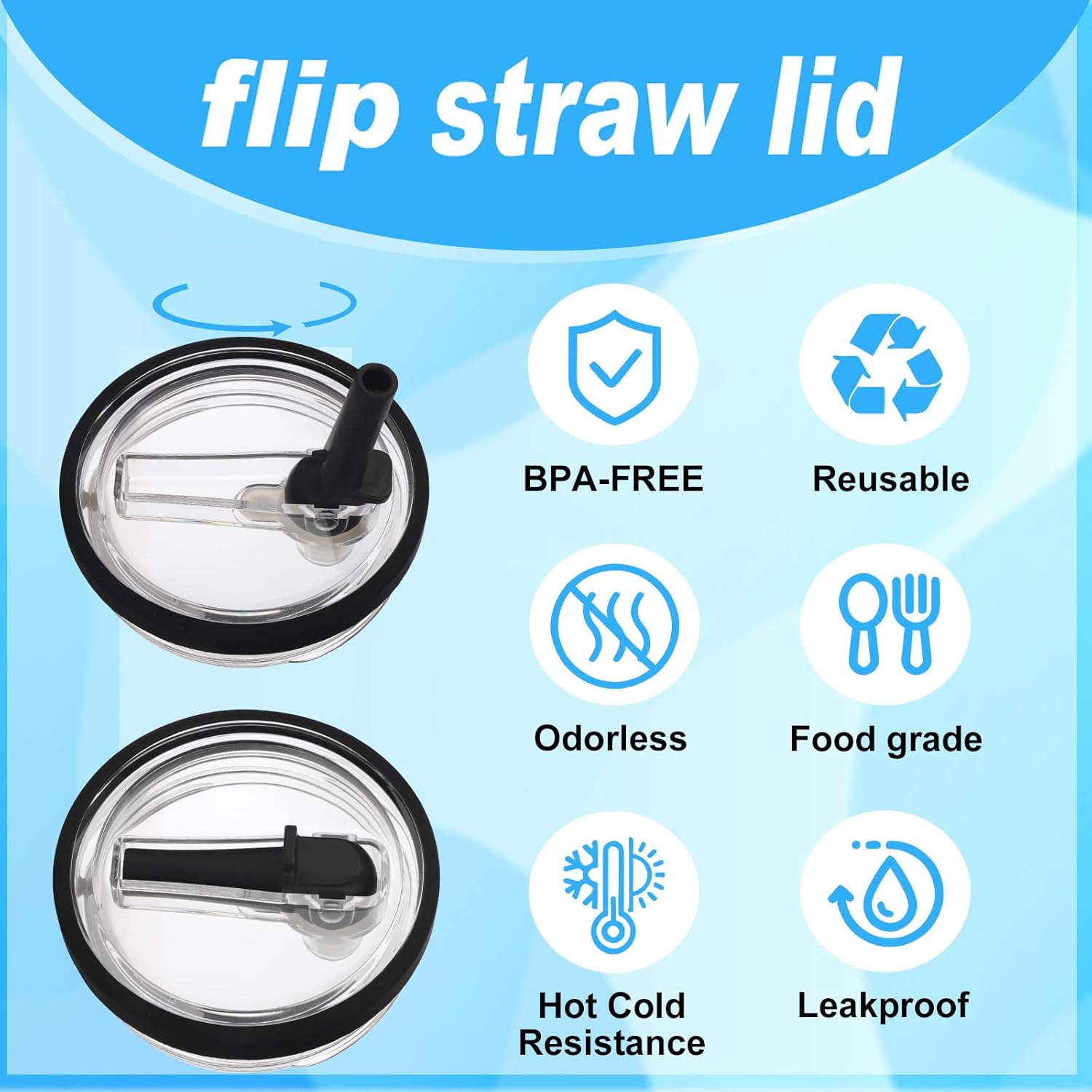 2 Pack 30oz Leak Proof Tumbler Flip Straw Lid Replacement for Stanley QuencherH2.0,Spill Proof Cup Top Lids,Reusable Tumbler Cover Compatible With Stanley Cup Accessories(2pack black) - Image 3