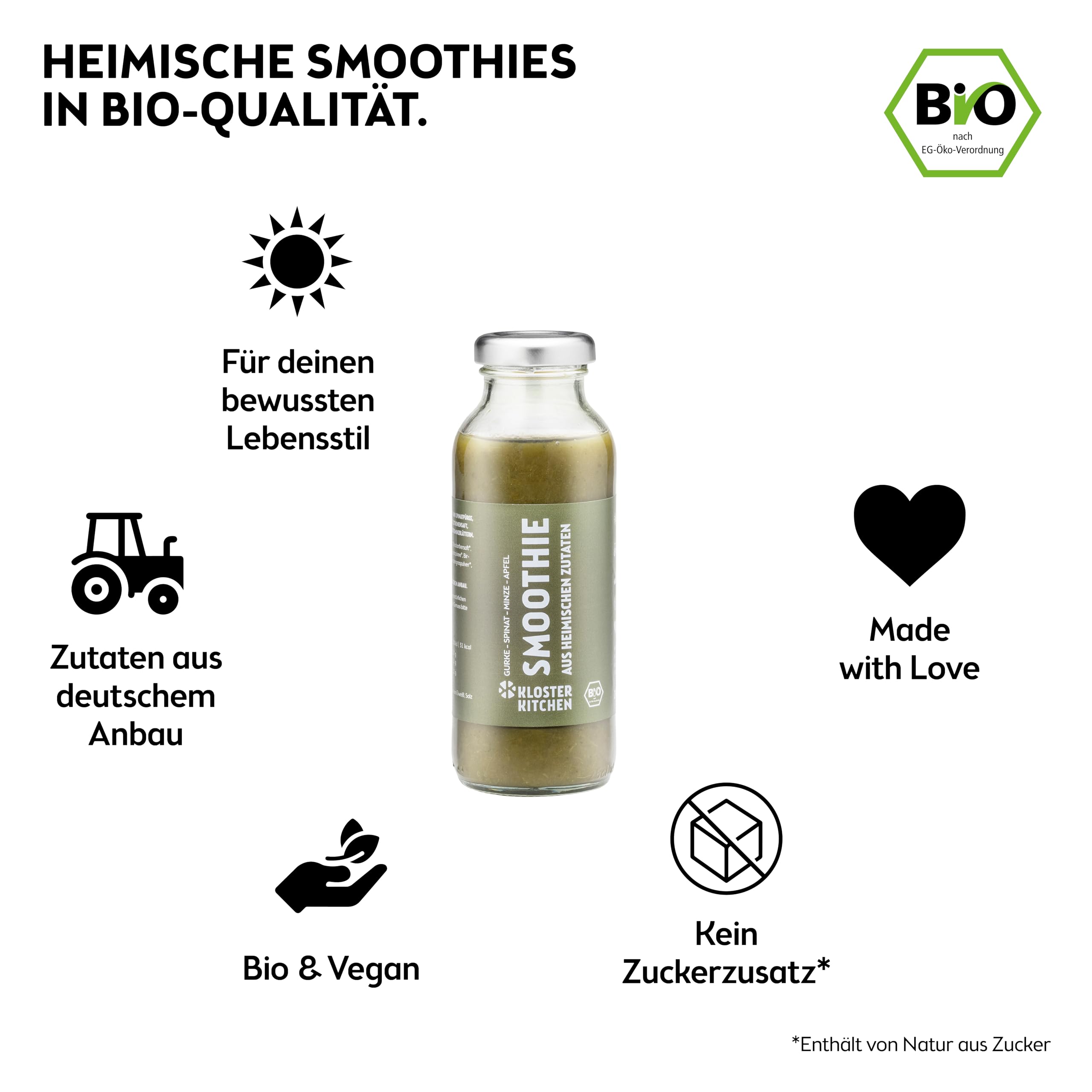 Kloster Kitchen Bio Smoothie Grün Gurke Spinat Minze Apfel 12x 250 ml I Superfood Frühstück vegan I To Go Glasflasche I Powerfood aus heimischen Zutaten