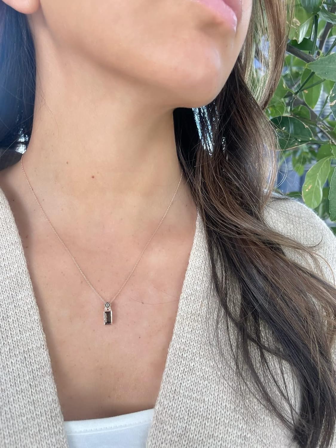 LE VIAN 1/2 Carat Baguette Cut Smoky Quartz Pendant Necklace for Women I 1/20 Carat Chocolate Diamond Pendant for Her I 14k Rose Gold Necklace (SI1-SI2) 18 Inch Chain with Spring Ring Clasp - Image 2