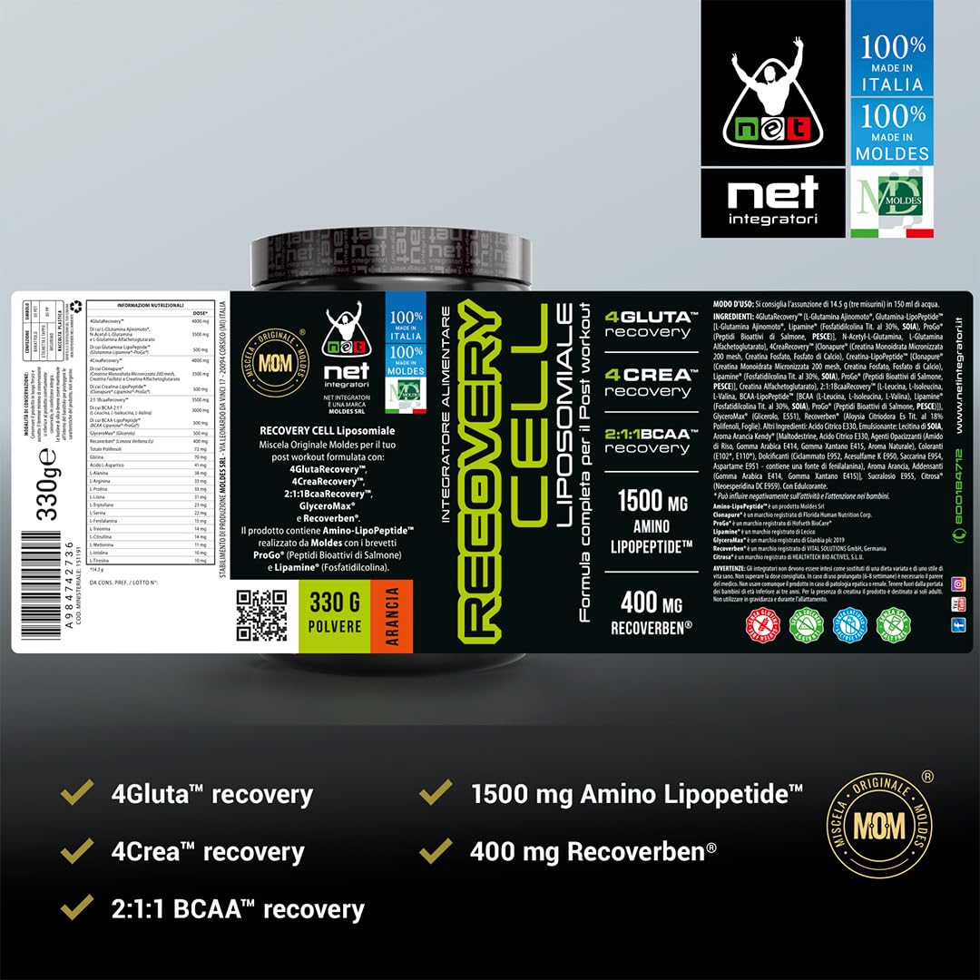 Net Integratori RECOVERY CELL LIPOSOMIALE – 330 g Gusto Arancia – Integratore Post Workout Avanzato per Recupero Muscolare e Sintesi Proteica con Glutamina Creatina BCAA in forma Liposomiale