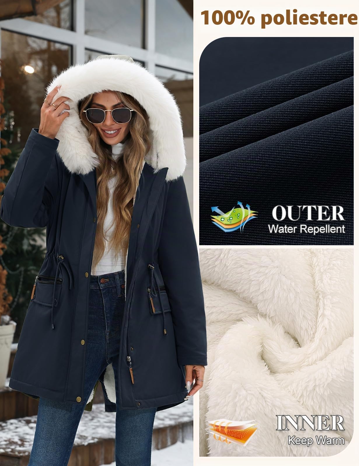 CMTOP Giacca Invernale Donna Foderati in Pile Caldo Medio Lungo Cappotto Impermeabile Antivento Giubbotto Slim Fit Casual Parka Elegante Classico Giaccone con Cappuccio, Zip Tasche