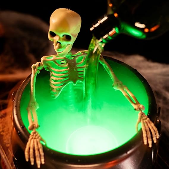 PULACO Halloween Mist Maker Fogger, Witch Cauldron Skeleton with Color Change LED Light, Perfect for Halloween Decor