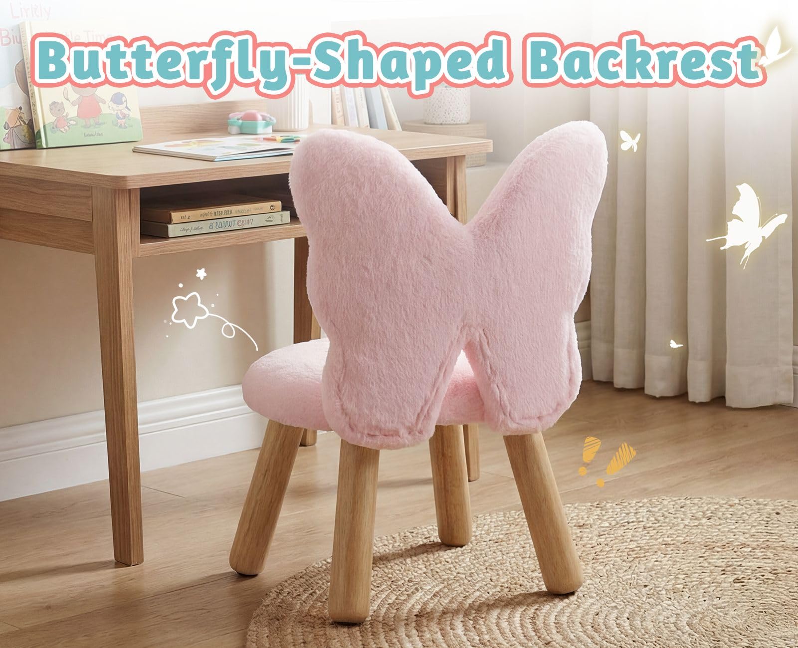 chairus Poltroncina per Bambini con Schienale a Forma di Farfalla Poltrone per Camerette in Pelliccia Sintetica Divanetto Bambini in Legno per Soggiorno/Camerette/Regalo, Rosa