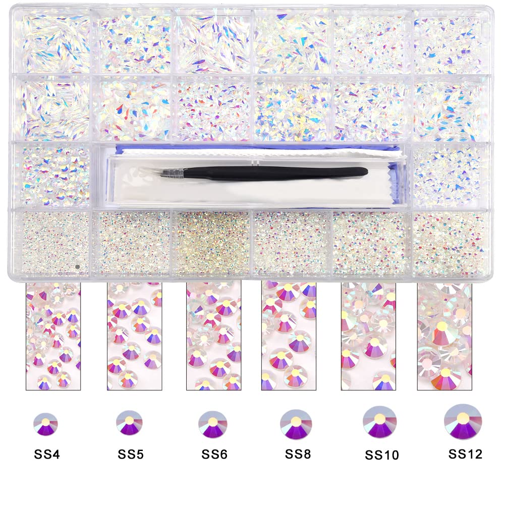 10000 Pcs Transparent AB Crystal Flatback Rhinestones Set for Nail, Art, Crafts, Makeup, Tumblers Glitter Round with Tweezers and Picking Pen