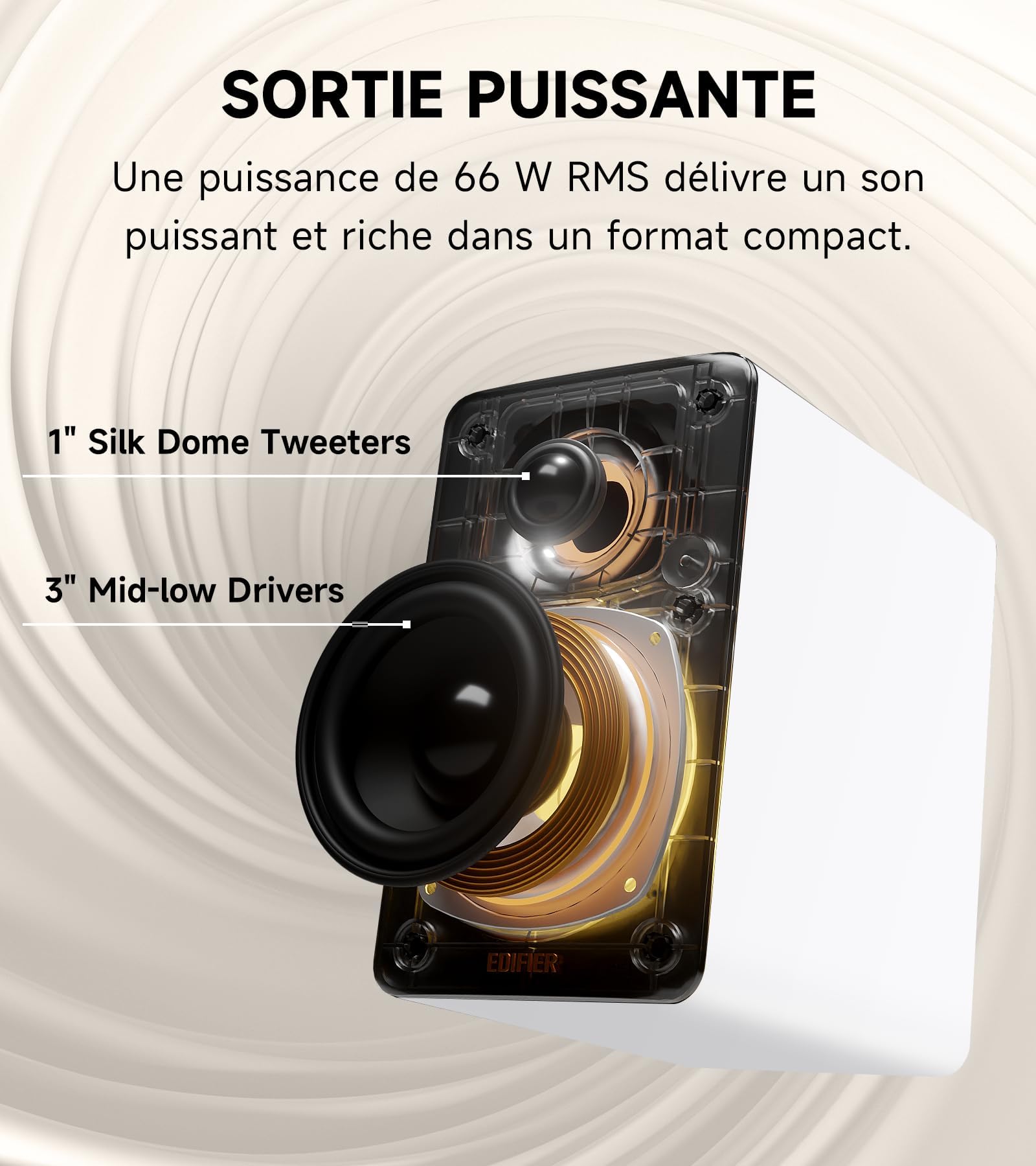 Edifier M60 2.0 Haut-parleurs Bibliotheques Bluetooth 5.3 66W RMS Audio Hi-Res LDAC Basses 3" Tweeter 1" USB-C AUX Blanc