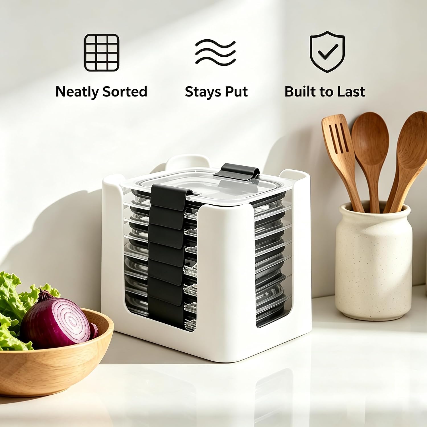 Food Container Lid Organizer Holders for Rubbermaid Brilliances nap-on lids, Lid Organizers for Kitchen Cabinet Storage (3-Pack) - Holder 24 Lids for 4.7/3.2/1.3/0.5 Cup Containers (White)
