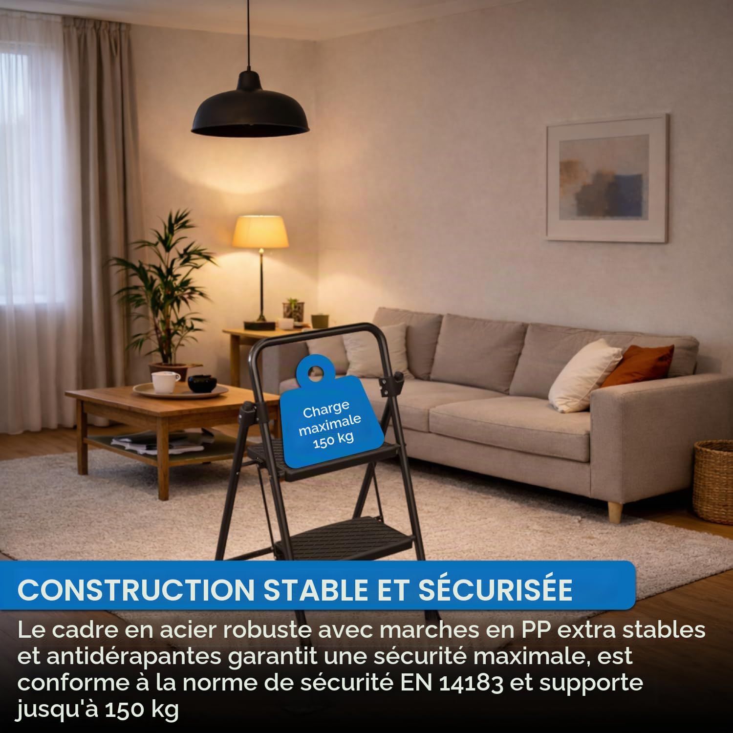 kör4u Escabeau à 2 marches, charge maximale jusqu'à 150 kg, pliant et peu encombrant, escabeau domestique stable, marches antidérapantes, cadre en acier, noir