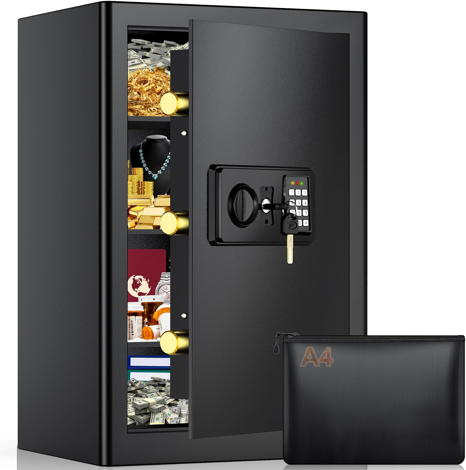 Home Safe Box with A4 Fireproof Bag and 3 Removable Shelves, Anti-theft 70L Large Safes for Home with Alarm and Silent Mode, Electronic Document Safe Digital Safe for Money Jewelry A4 Document