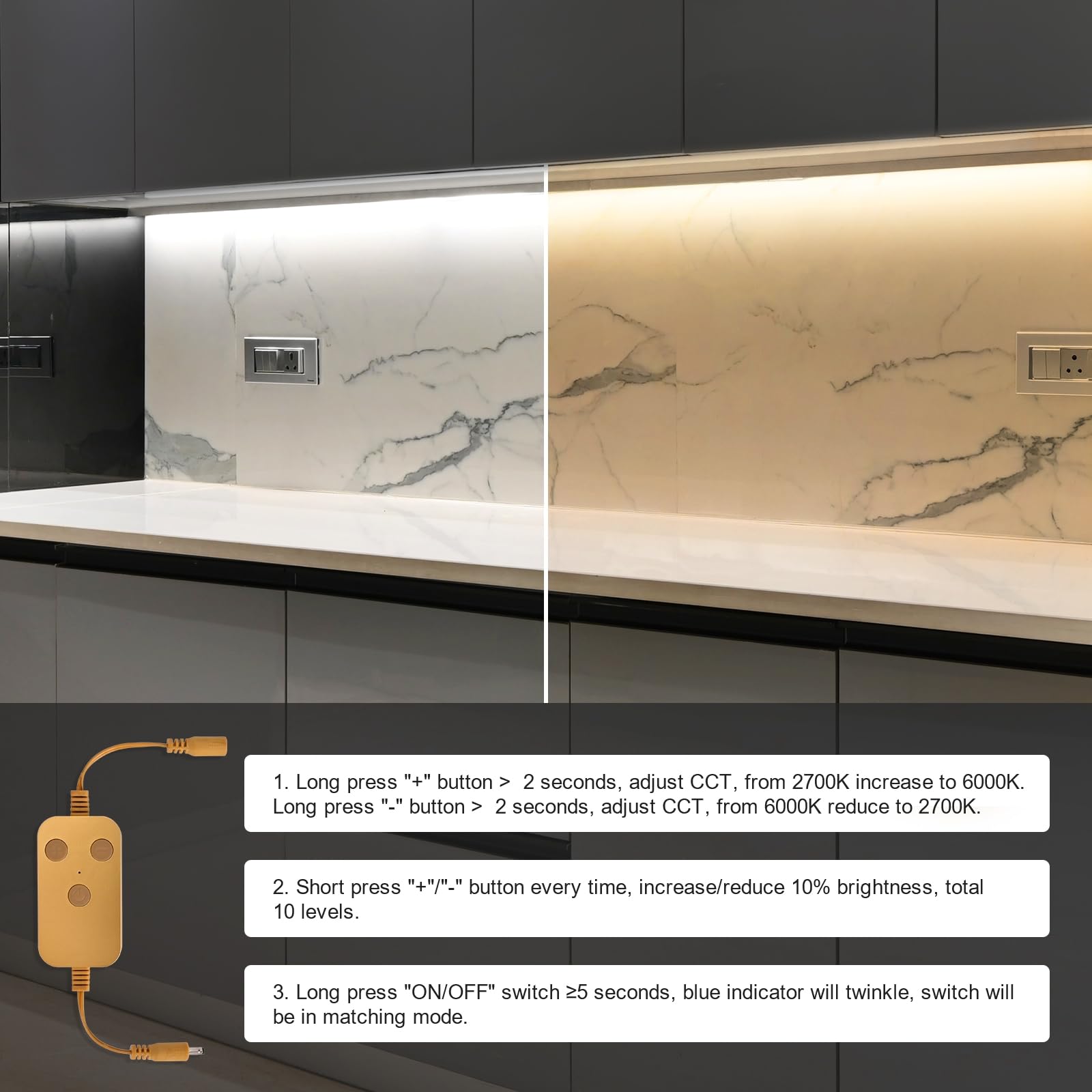 Zestaw 2 zestawów oświetlenia LED, możliwość ściemniania, 50,8 cm, 2700-6000 K, podstawka pod ladę, kompatybilna z Alexa, Google Assistant, do kuchni, spiżarni, półek (złoty)