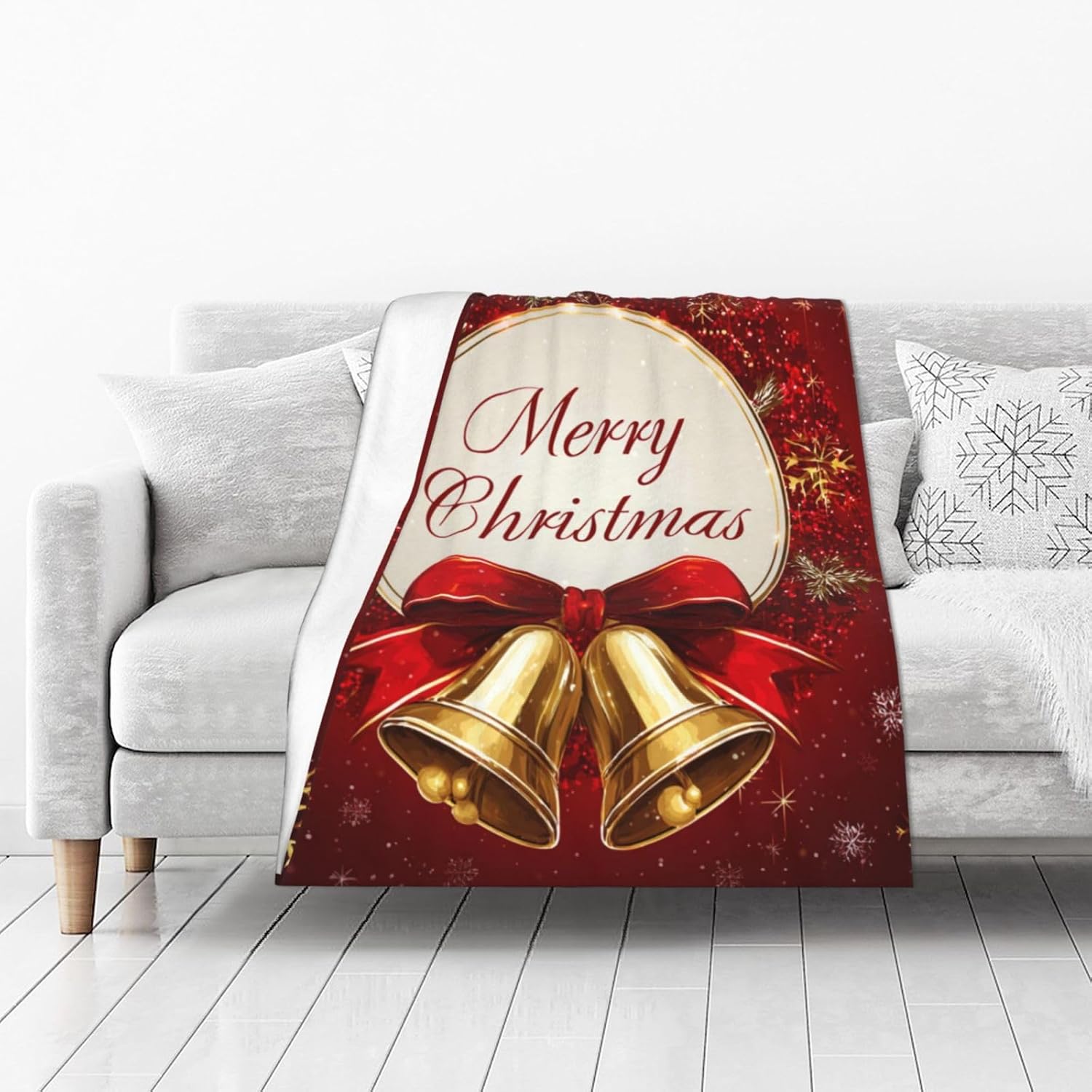 Flannel Throw Blanket Christmas Bells Red Xmas Soft Cozy Holiday Blanket for Couch Bed Sofa, Lightweight Warm Fleece Blanket All Season, Festive Home Decor, 40 x 50 Inch