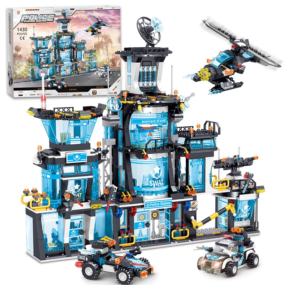 MindBox City Police Station Building Set with Police Car & Helicopter,1430pcs Building Block Toy for Boys 8-12