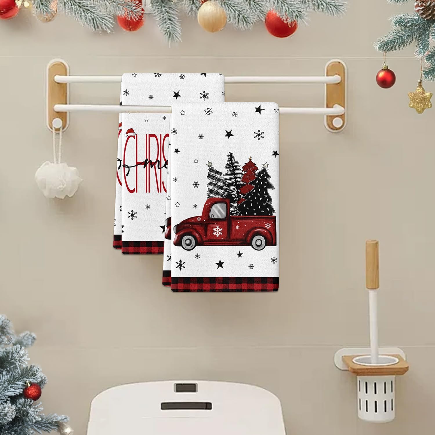 Christmas Hand Towel Set of 2, Red Truck Hand Towels, 18x26 Inch, Merry Christmas Tree Towel for Bathroom Home Kitchen, Soft Towel Red Buffalo Plaid Decoration, Winter Holiday Decor Towels - Image 5