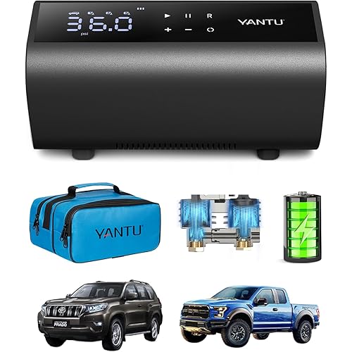 YANTU Dual Cylinder Tire Inflator Portable Air Compressor With 8.3-Inch Large Digital Screen,12V Cordless/battery powered Car Air Pump For Car Tires，Electric Auto Shut Off for Truck/Bike/Pickup/Moto