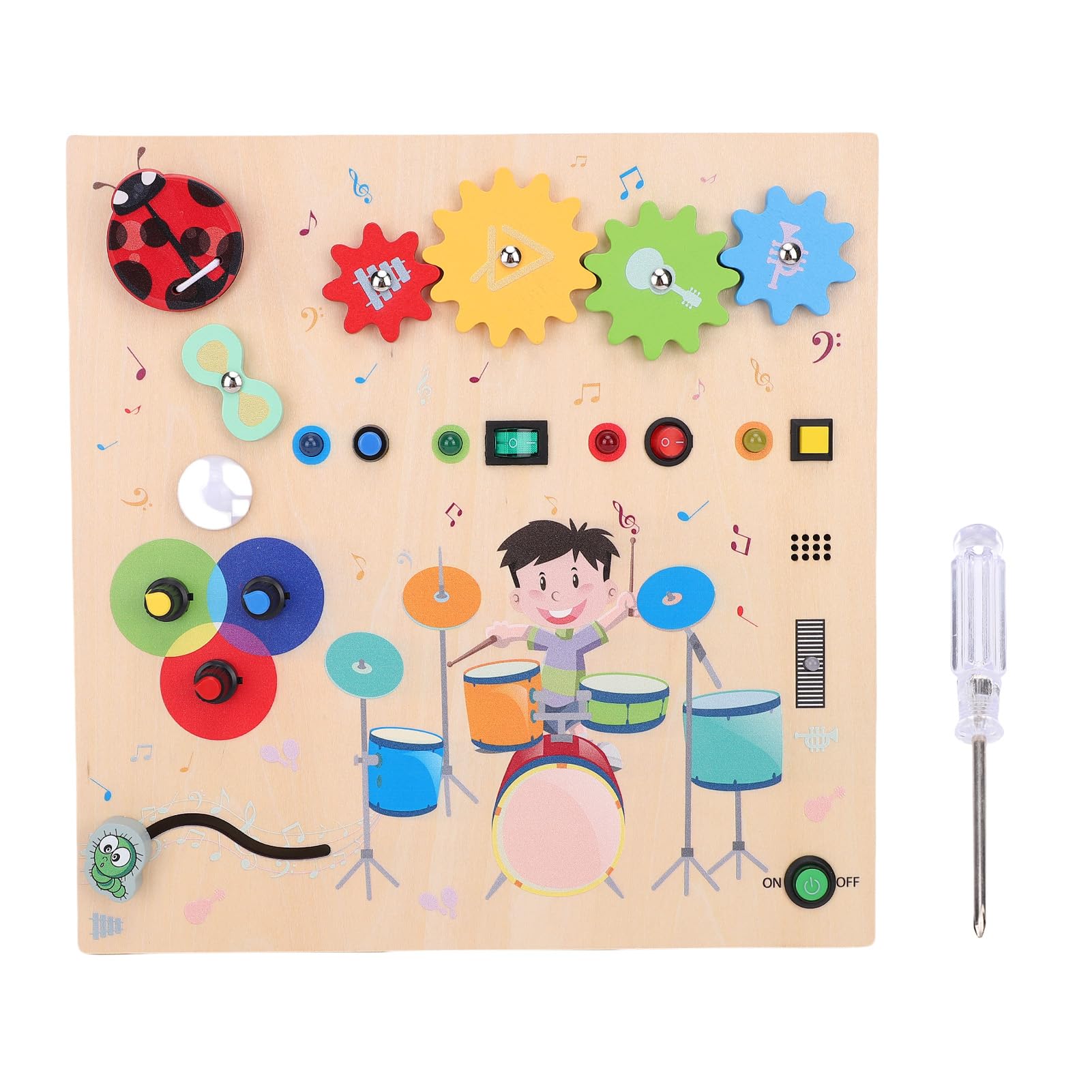 Fabater Sensorisches Holzbrett, 3 AAA-Batterien, Trommelmuster, Sensorisches Spielzeug mit LED-Leuchtschalter, Aktivitätsbrett aus Holz mit Feinmotorischer Entwicklung für Kleinkinder Im Frühstadium