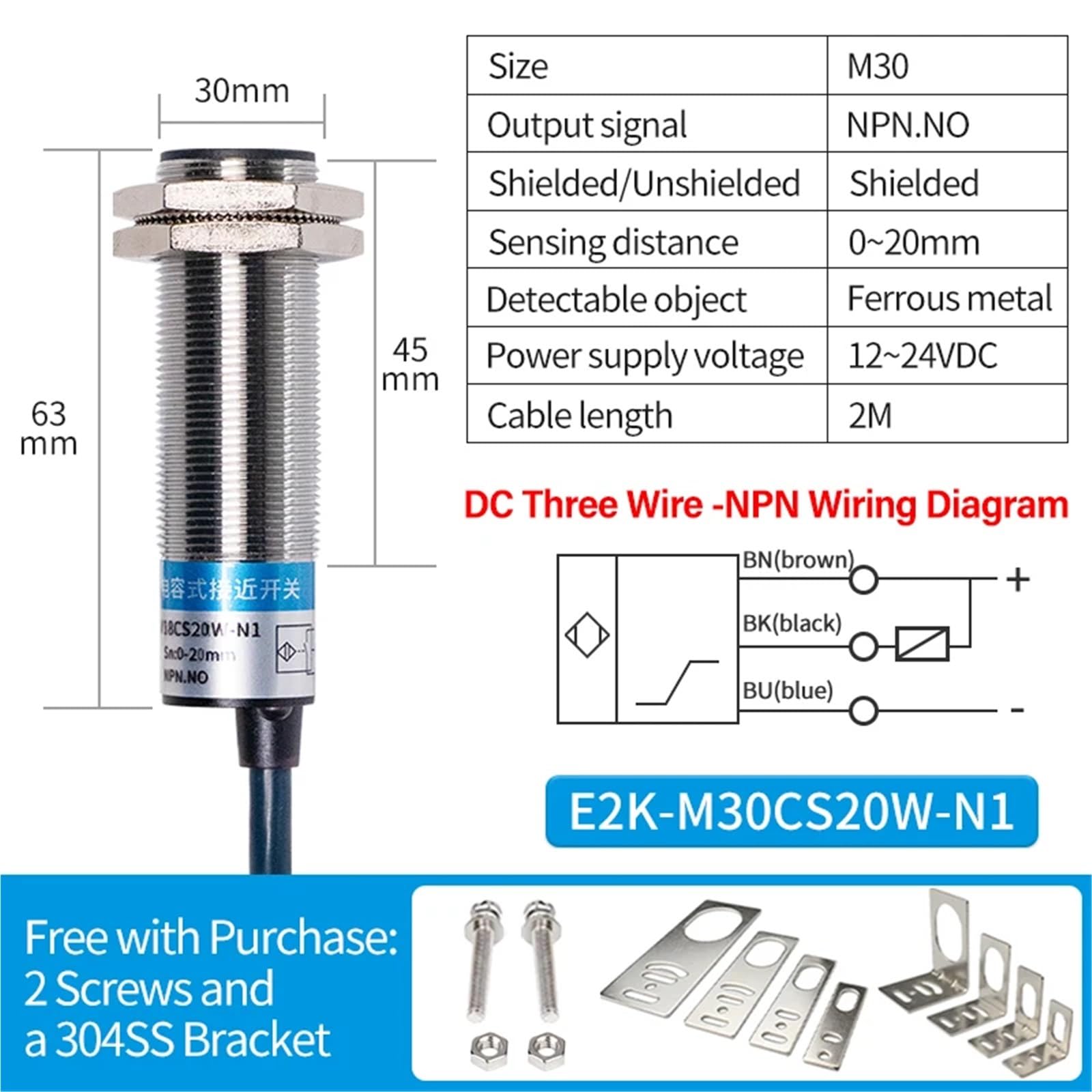 M12M18M30 pojemnościowy przełącznik zbliżeniowy, materiał do wykrywania, cząsteczki podszewki z tworzywa sztucznego, ciecz, drewno, czujnik indukcyjny (E2K-M30CS20W-N1)