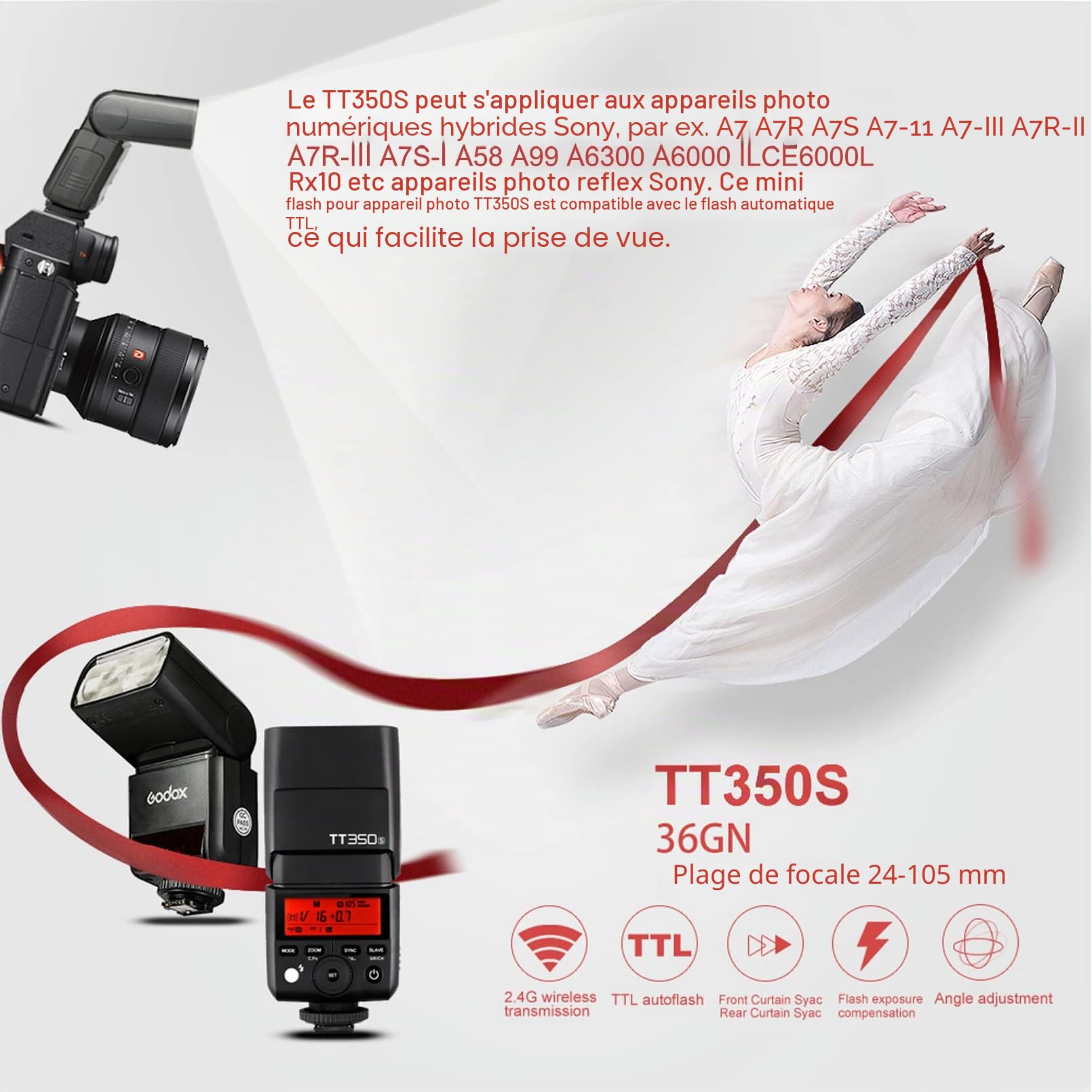Godox TT350S TTL Flash pour Sony HSS 1/8000s 2,4G sans Fil avec 12 Filtres de Couleur Compatible pour Sony A7R A7S A7RII A6300 A6000 A58 A99 ILCE6000L A77II RX10 etc Caméras