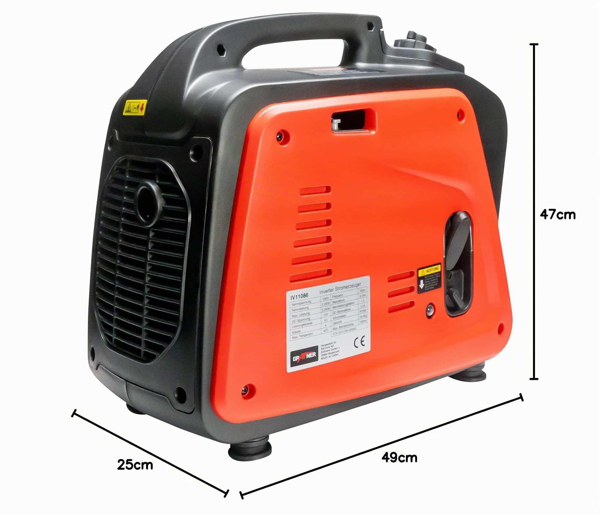 Grafner Inverter Stromerzeuger 2200 W (2 KW Dauerleistung), Benzinbetrieb 4 Takt, 2x 230V, Invertertechnologie für empfindliche Geräte, leicht robust, digitaler Benzin Generator Notstrom Aggregat