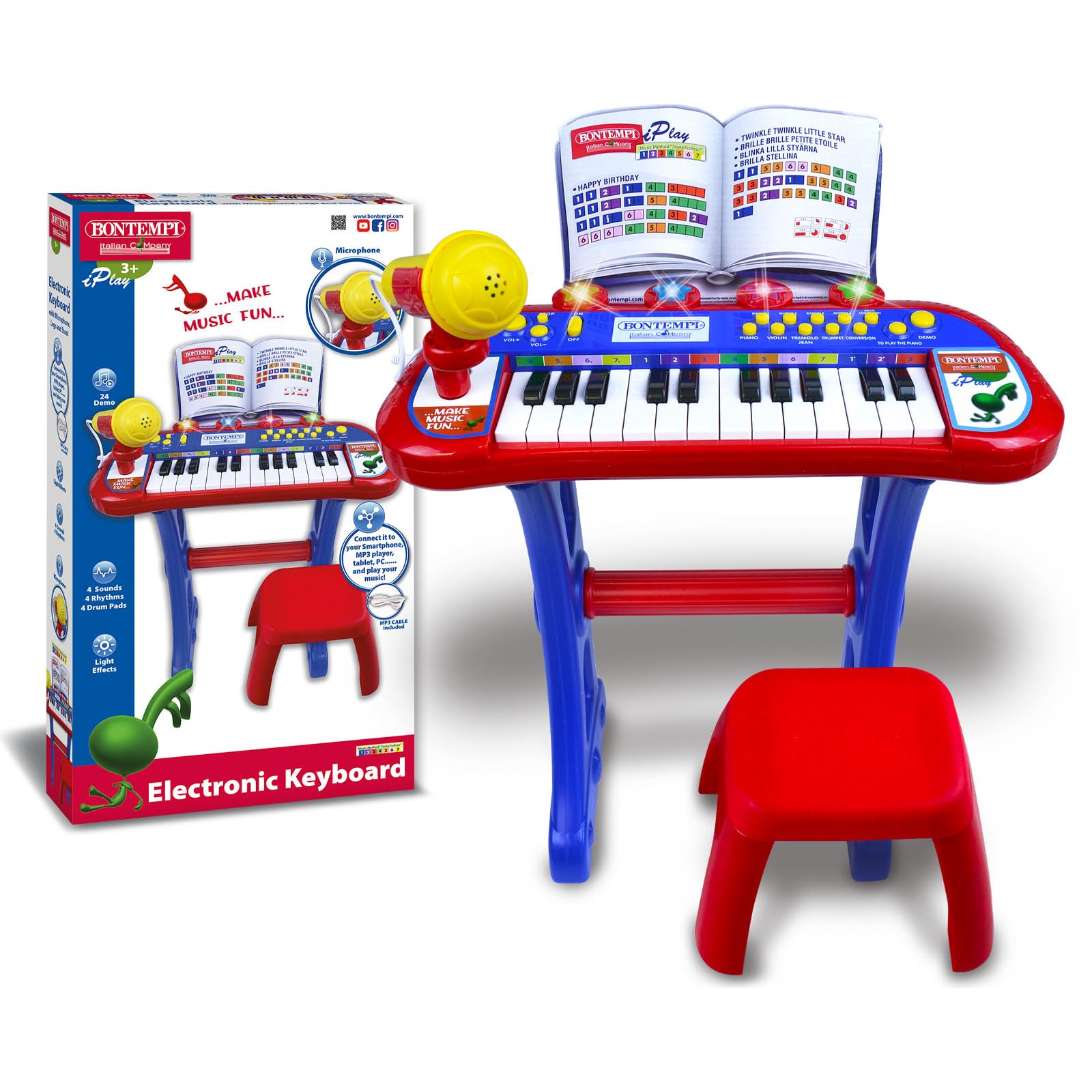 Bontempi | MiniKeyFun: Tastiera Giocattolo a 24 Tasti con Microfono e Sgabello per Piccoli Musicisti, 400x400x570 mm