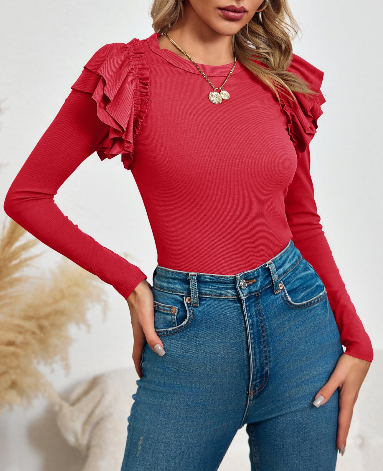 Tankaneo Camicie da donna a maniche lunghe con volant top in maglia a costine autunno casual t-shirt girocollo