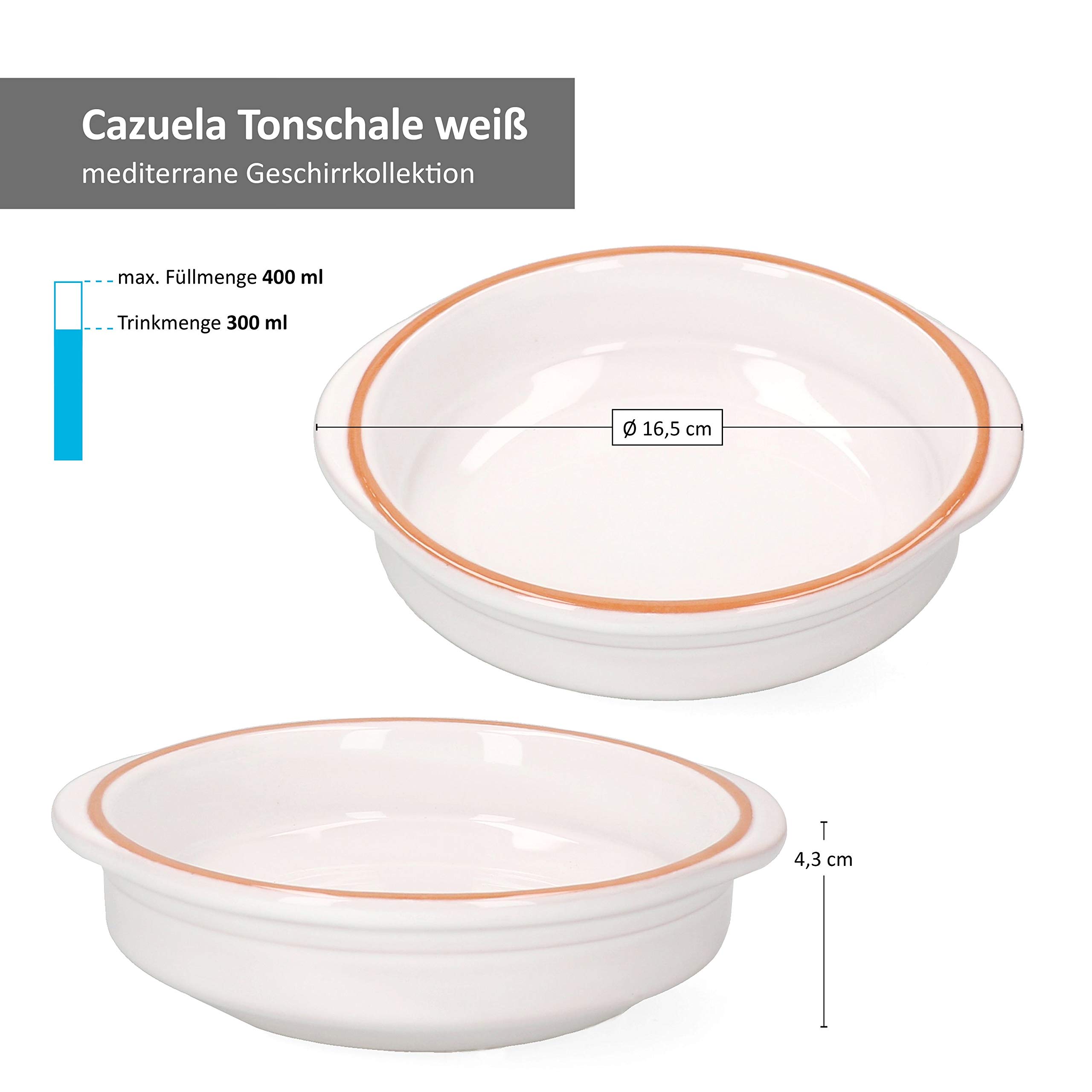 MamboCat Cazuela Tonschale Ille 6-er Set 16,5cm Größe M 300ml I Auflaufform mit Griff I rund backofengeeignet I Keramik Antik Geschirr I Pasta Servierschale Ofen Kasserolle I weiß glasiert