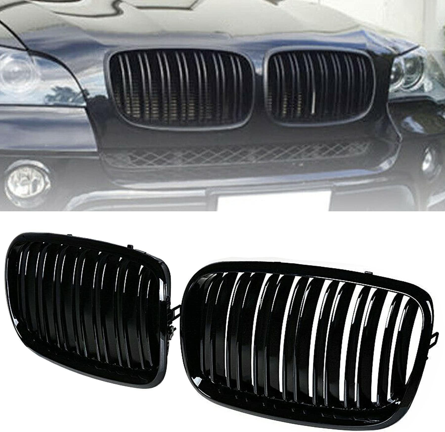 Front Bumper Kidney Grille Grill Glossy Black Compatible with 2007-2014 BMW X5 E70 X6 E71 Dual Slat Double Line
