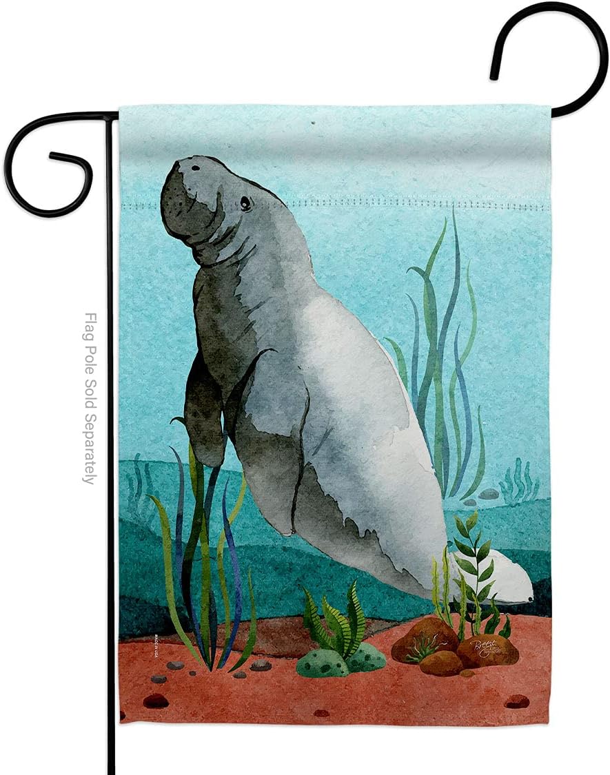 Manatees Garden Flag Set Wall Holder Animals Sea Creature Nautical Ocean Fish Outdoor Summer Marine Small Decorative Gift Yard House Banner Made In USA 13 X 18.5