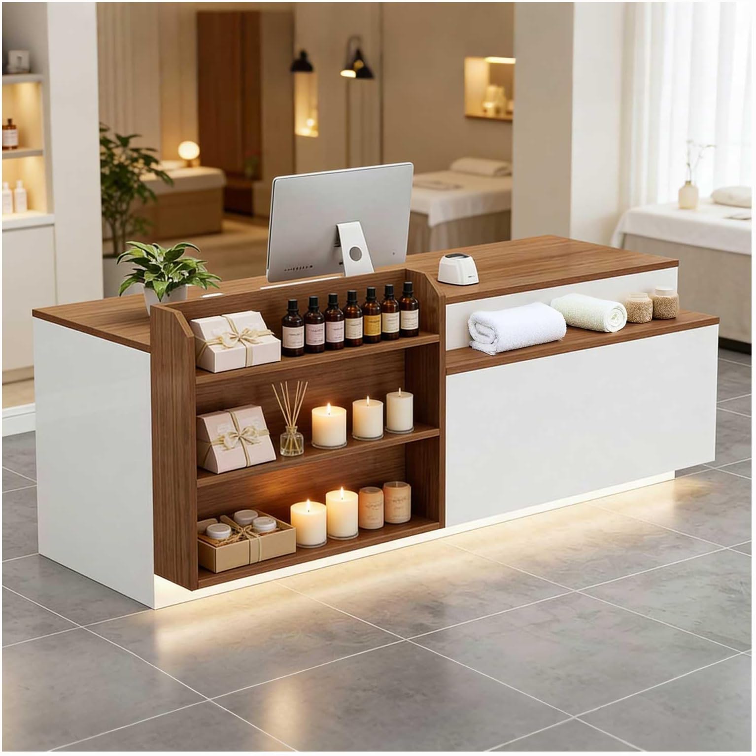 Modern Reception Desk with LED Lights Adjustable 39-63" Front Counter Table with Lockable Drawer & Shelves Ideal for Lobby Salon Retail Space - 55"x24"x35"