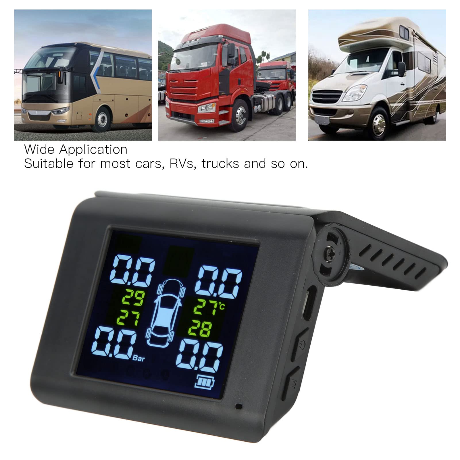 Focket Reifendrucküberwachungssystem, Drahtloses Solar-TPMS-Reifendrucküberwachungssystem mit 4 Externen Sensoren, LCD-Display, Echtzeit-Druck- und Temperaturwarnungen für Auto, Wohnmobil