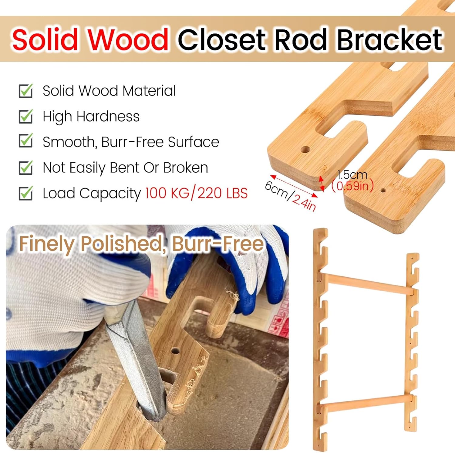 JYHHCYS Wooden Closet Hanging Rods with Shelf, Detachable Wardrobe Shelves and Hanging Rod Brackets, Adjustable Wardrobe Support Bracket for Laundry Room/Bedroom(Bracket H 0.8m,Pole L 115cm)